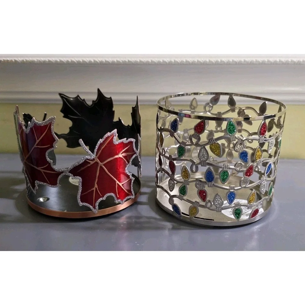 Bath & Body Works Christmas Lights & Fall Leaves 3 Wick Metal Candle Holder Lot